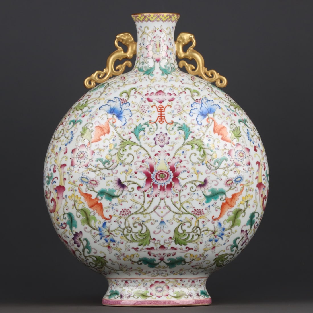 A Qianlong period enamel-gilt moon flask with double handles and a design of intertwined floral and (1 of 9)