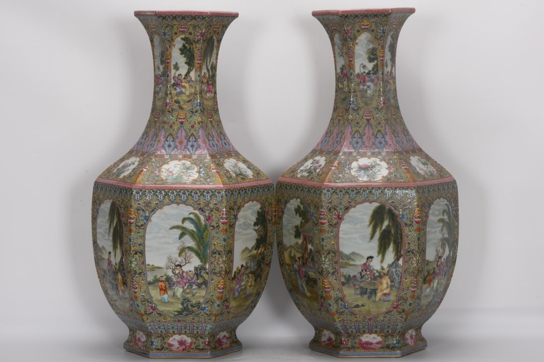 Qing Dynasty, Qianlong Period, Enameled Guyuexuan Hexagonal Vase with Figures and Open Windows: Qing Dynasty, Qianlong period, enameled Gu Yue Xuan hexagonal vase with window figures, height 66 cm, mouth diameter 19.8 cm, belly diameter 35.3 cm, bottom diameter 23 cm. Provenance:Mrs. Amily, Wash