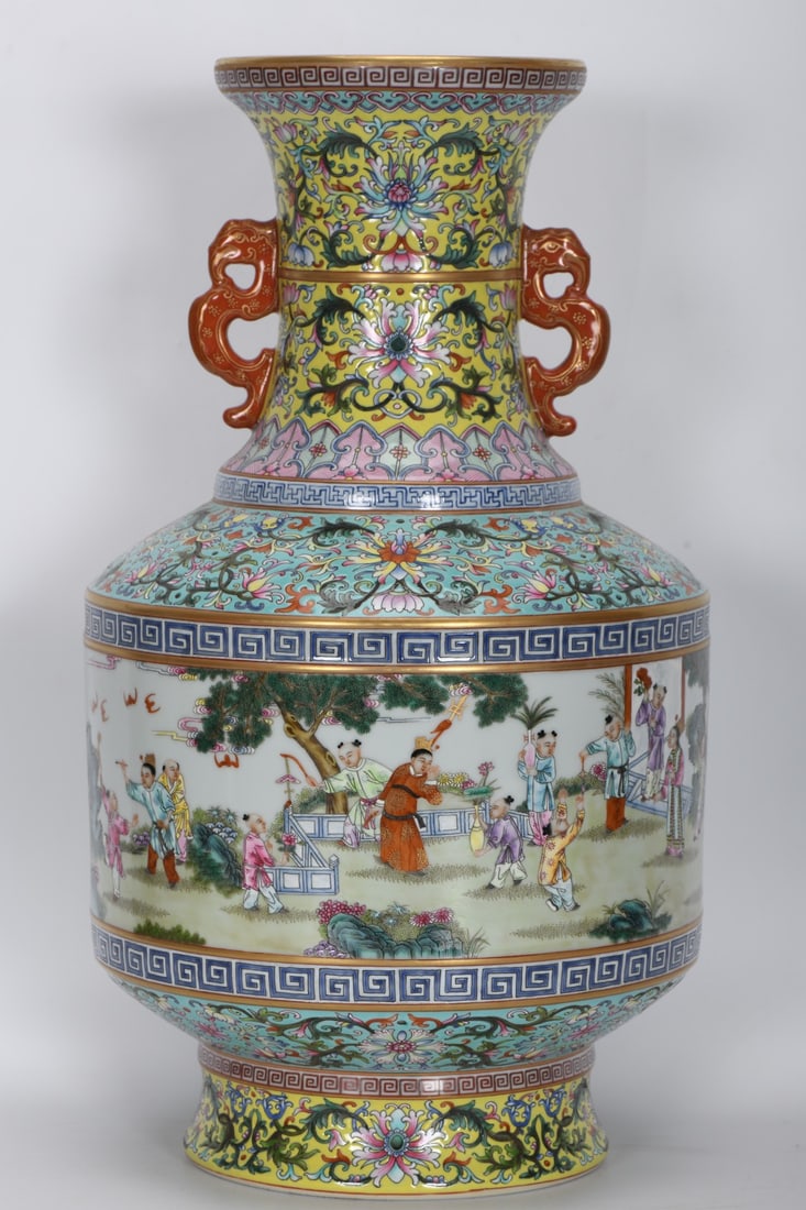 Qing Dynasty, Qianlong Period, Enamel-Painted Amphora with Hundred Children: Qing Dynasty, Qianlong period, enameled painted amphora with a hundred children pattern, height 47 cm, mouth diameter 15.6 cm, belly diameter 26.2 cm, bottom diameter 18.2 cm. Provenance:Private colle