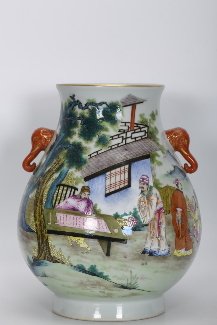 Yongzheng Period of the Qing Dynasty, an Enameled Double-Handed Elephant-Eared Vase with Poems and (1 of 9)