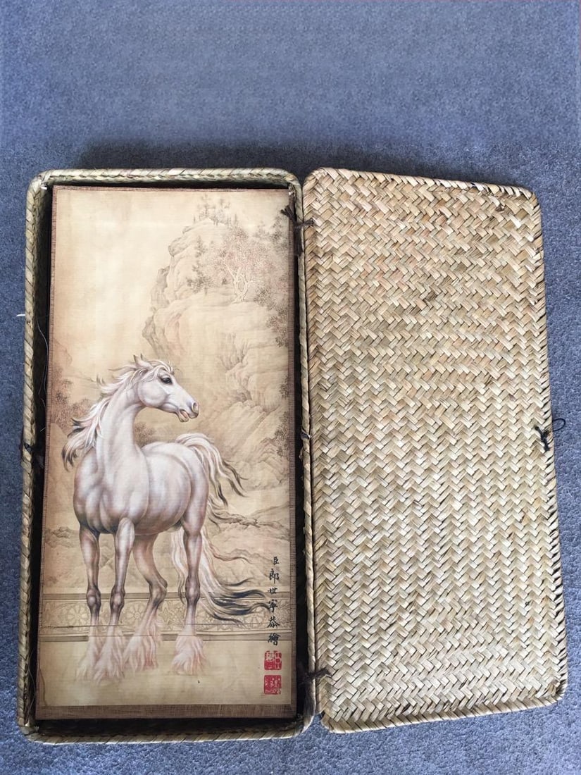 Collectible item: Lang Shining's hand painted album in a bamboo woven box: collectible item: a bamboo woven box containing Lang Shining's hand drawn illustrations. The bamboo box measures 40 x 20 x 5.5 cm, and each sheet measures 38 x 18 x 0.3 cm. Provenance:Private collecti