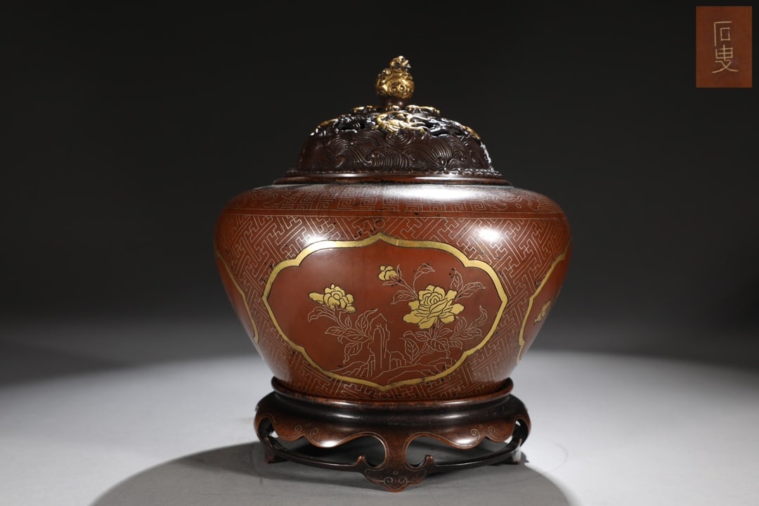 Copper-bodied, silver-gilt, three-abundance pattern bowl-shaped incense burner (1 of 9)