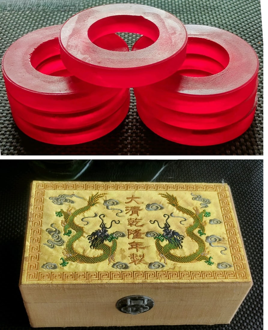 Rare collectible: Top-grade imperial green jadeite bangle rough in an antique embroidered box.: A collectible item: a top-grade imperial green jadeite bangle rough in an antique embroidered box. Provenance:Mrs. Blair, Newport Beach, California. Our dedicated team expertly handles both domestic a