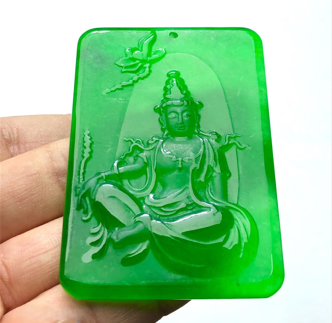 Imperial Green High-Ice Perfect Jadeite Frosted Guanyin Pendant (1 of 9)