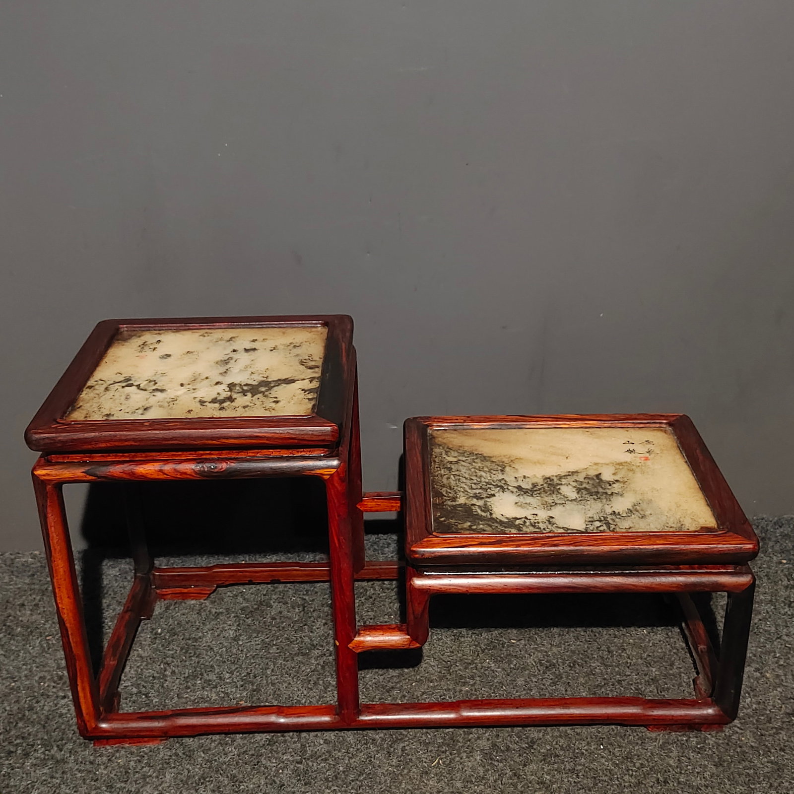 Old Collection of Rosewood and Marble Flower Stands of Varying Heights, Peaks and Springtime Charm -: A collection of antique rosewood and marble flower stands featuring a unique combination of peaks and spring scenery, with natural marble accents and high-quality rosewood tea tables and flower stands