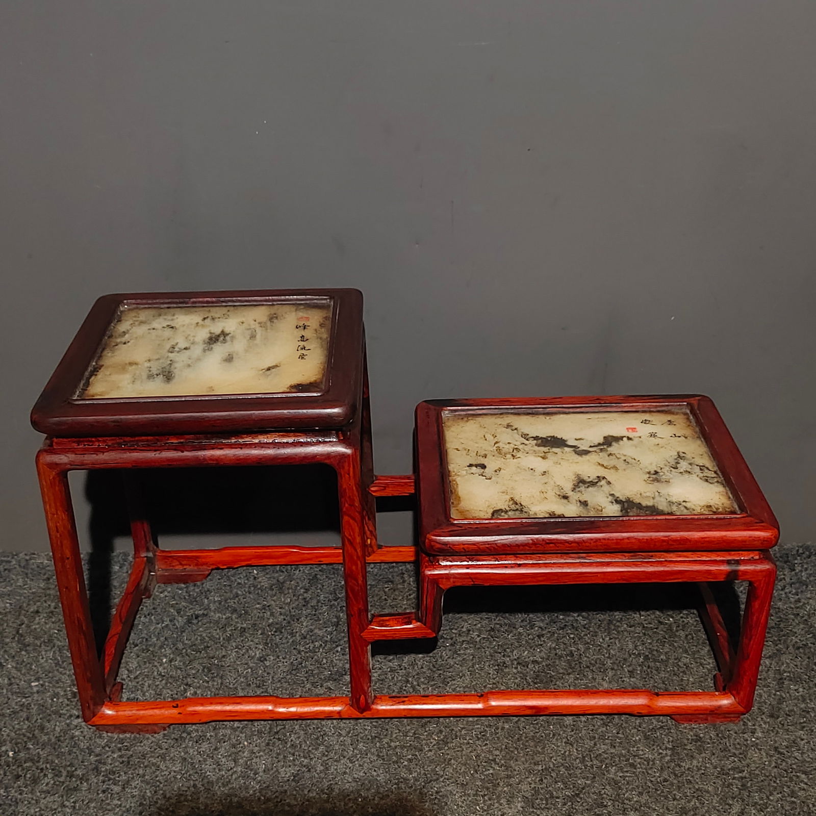 Old Collection of Rosewood and Marble Flower Stands of Varying Heights, High Peaks and Flowing: This collection features a high and low rosewood and marble flower stand depicting towering peaks and flowing clouds, paired with natural marble and top-quality rosewood tea table and flower stand. Th