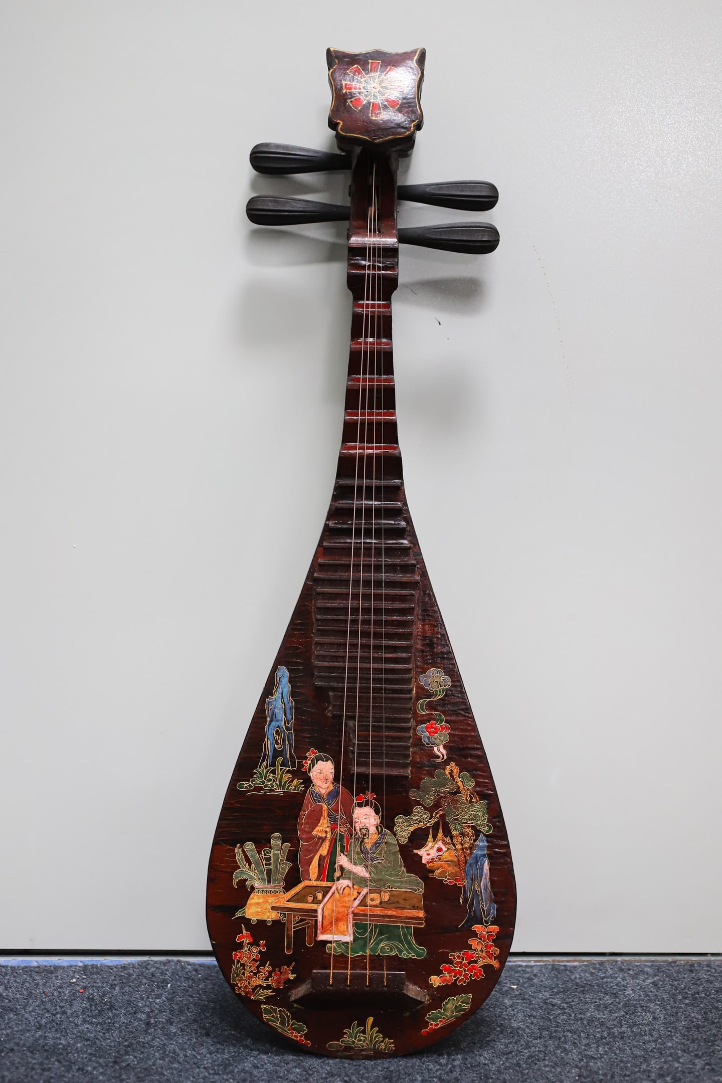 A lacquered wooden pipa (a traditional Chinese stringed instrument) with painted decoration.: A lacquered, painted pipa (a traditional Chinese stringed instrument) with a wooden base, 86 cm long, 28.5 cm wide, and 9 cm thick. Provenance:Private collection, Middletown, Rhode Island. Our dedicat