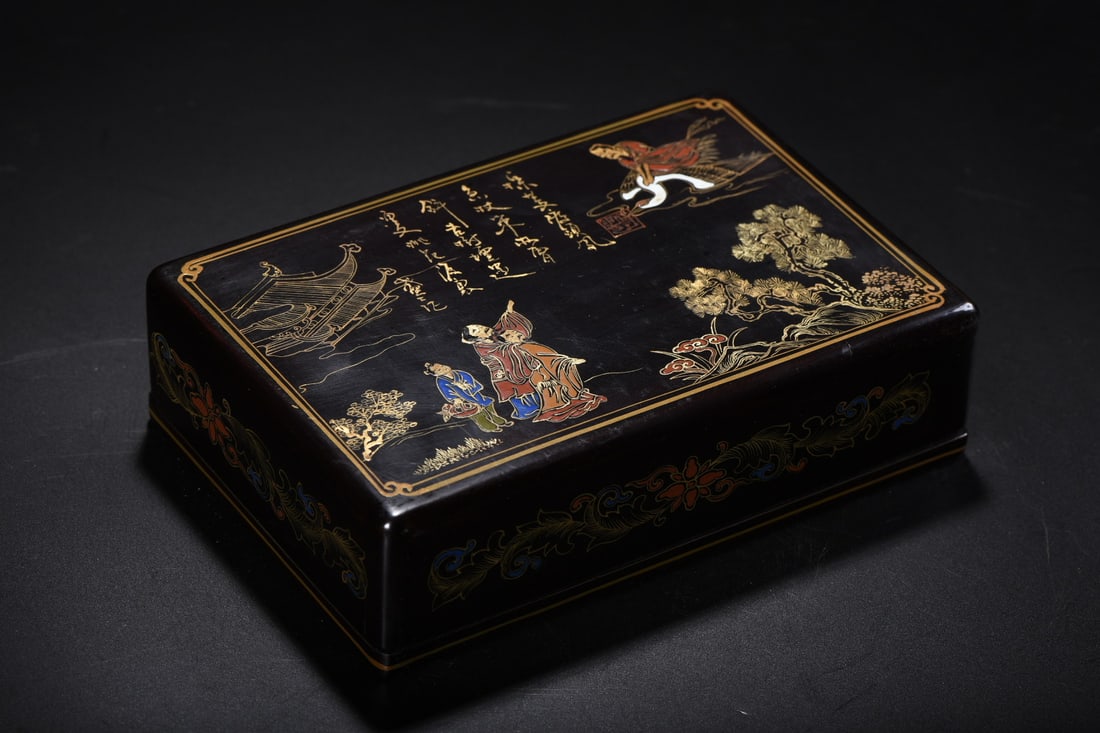 Old wooden box with gold-painted lacquerware, inscribed with a poem, heralding a rise in rank. (1 of 9)