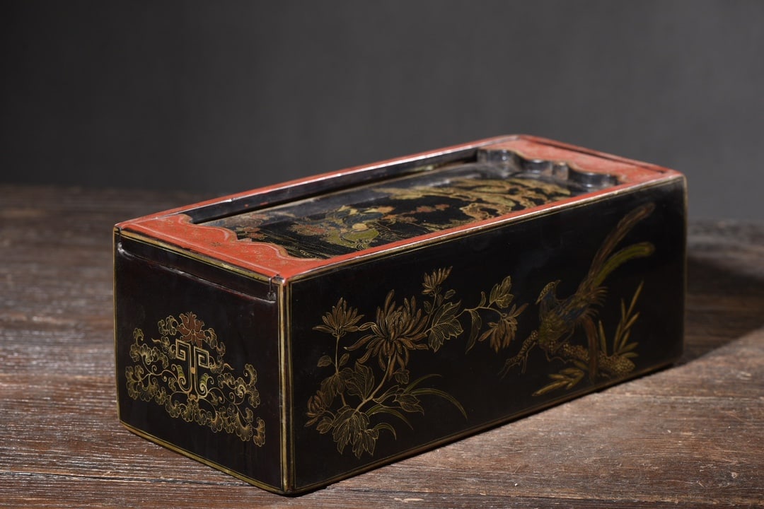 Antique wooden box with gold-painted lacquerware and the Hehe Erxian (two immortals) design. (1 of 9)