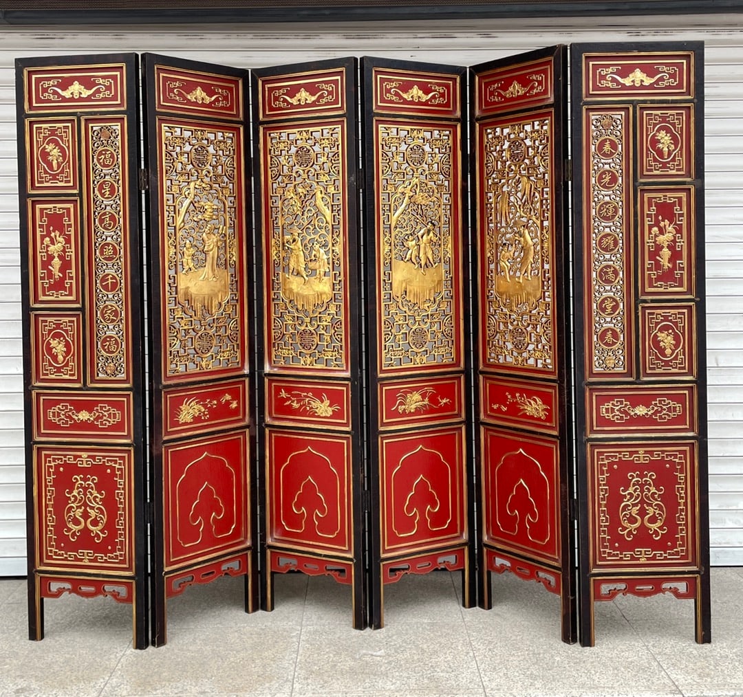 A rare camphor wood double-sided openwork carved six-panel screen depicting a fisherman, woodcutter, (1 of 10)