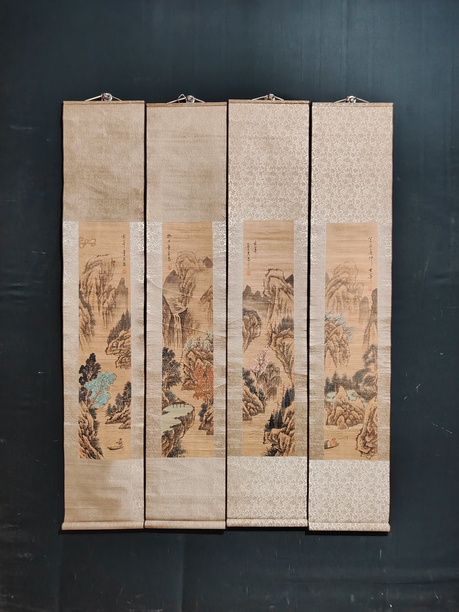 Dong Qichang's landscape: Fine Four-Panel Landscape Painting by Dong Qichang Material: Xuan Paper Single Panel Frame Size: 164x30cm Single Painting Size: 93x20cm Provenance:Private collection, Connecticut. Our dedicated team e