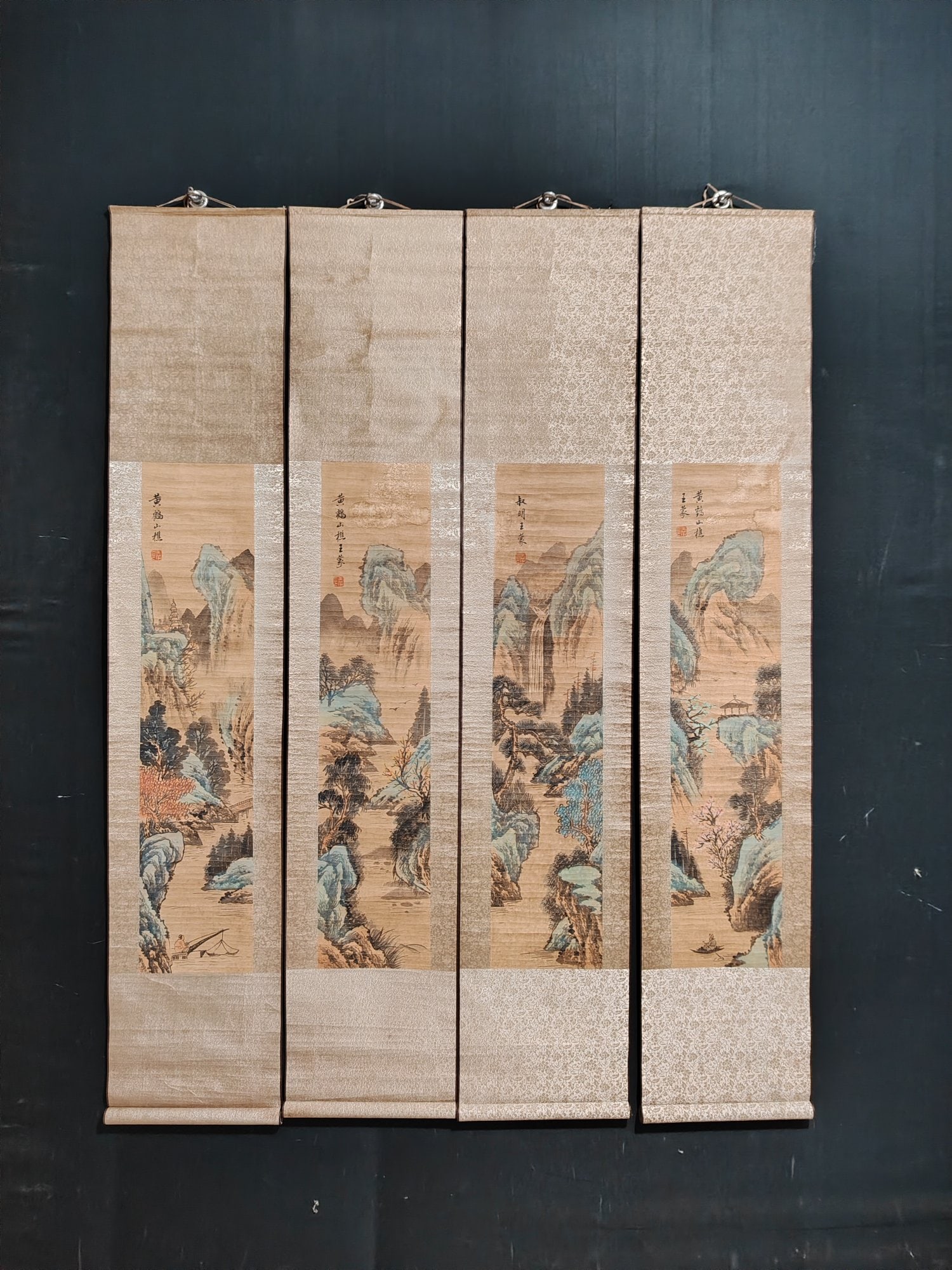 Wang Meng's landscape: Exquisite Four-Panel Landscape Painting by Wang Meng. Material: Xuan paper. Single panel mounting size: 164x30cm. Single painting size: 93x20cm. Provenance:Private collection, Connecticut. Our dedicat