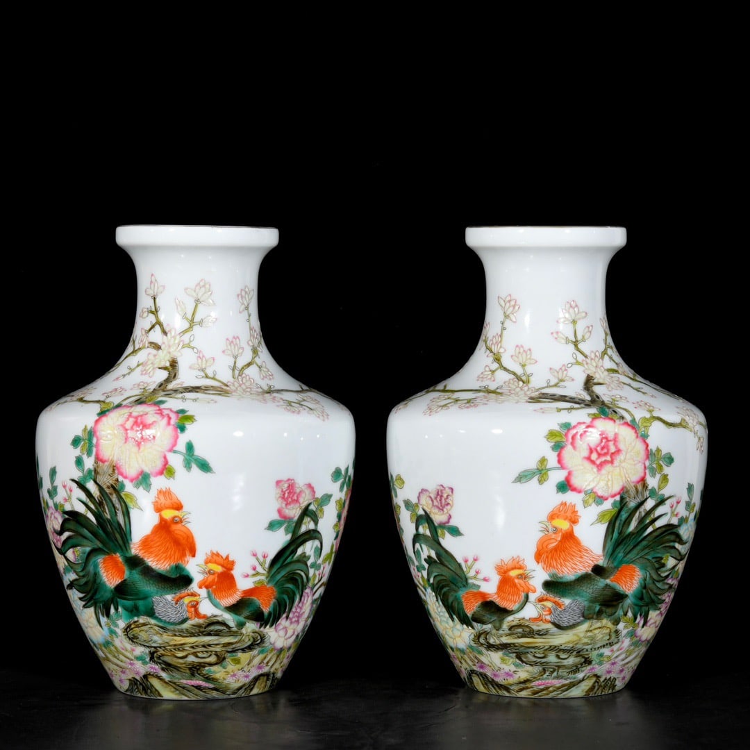 A pair of Qing Dynasty Yongzheng period famille rose enamel vases with auspicious floral and bird (1 of 9)