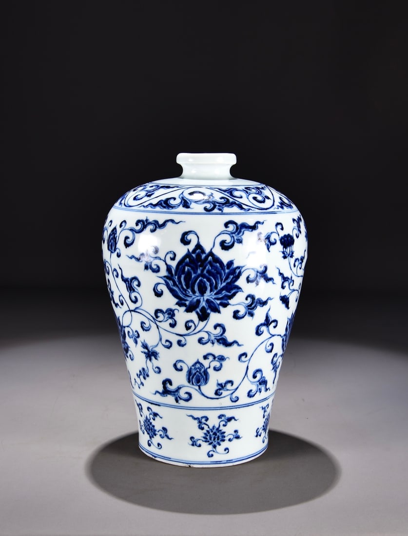 Formerly in the collection of a Ming Dynasty Yongle blue and white peony scroll plum vase (1 of 9)