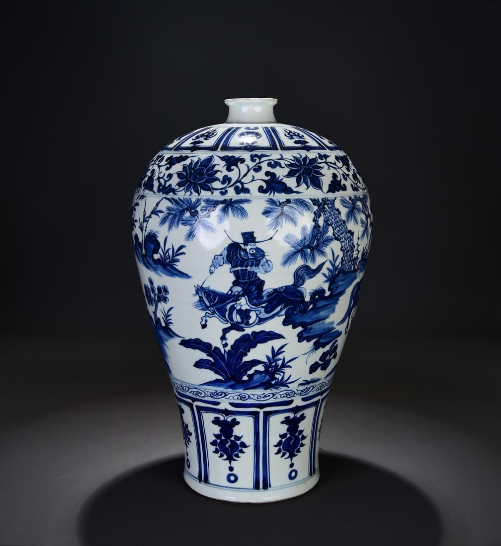 Formerly in my collection, Yuan Dynasty blue and white porcelain plum vase depicting the story of (1 of 9)