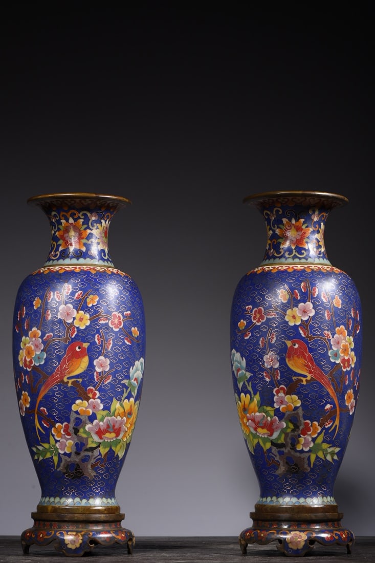 Cloisonne Magpie on Plum Blossom Vase with Base (1 of 9)