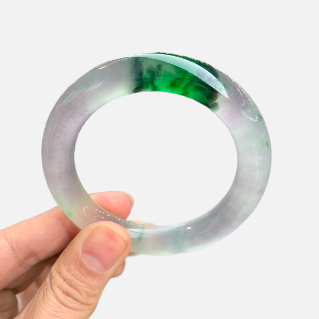 Burmese jadeite high-ice type with floating green, round shape, small mouth jadeite bangle (1 of 13)