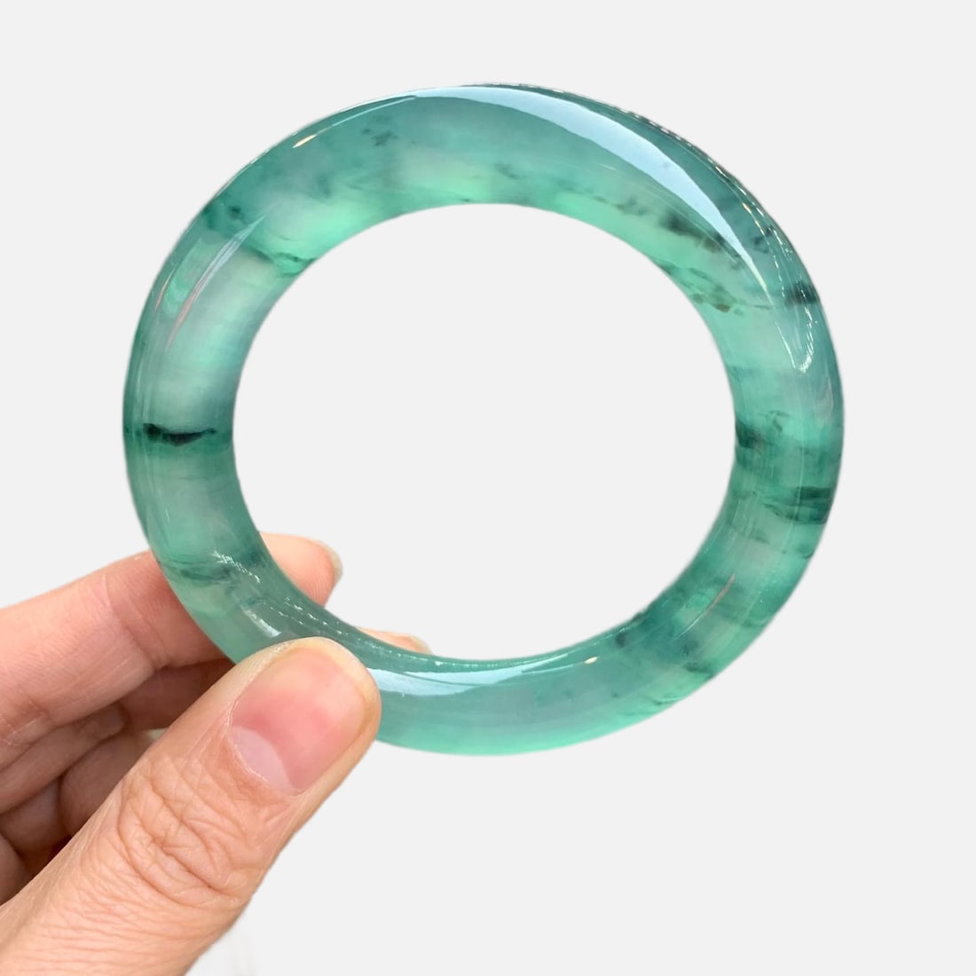Burmese jadeite high-ice type with floating green flowers, round jadeite bangle (1 of 12)