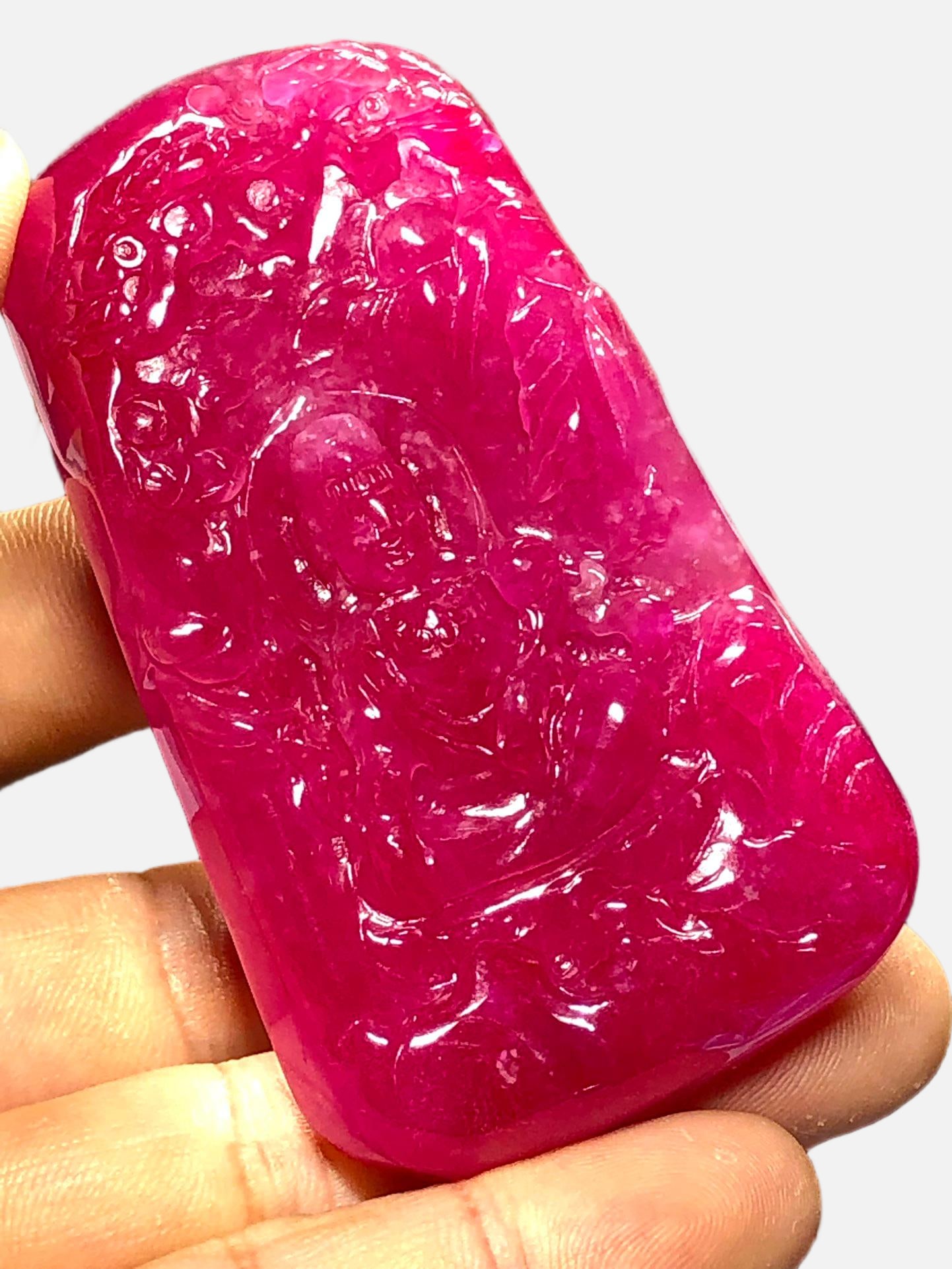 High-quality icy rose-red jadeite landscape Guanyin pendant (1 of 6)