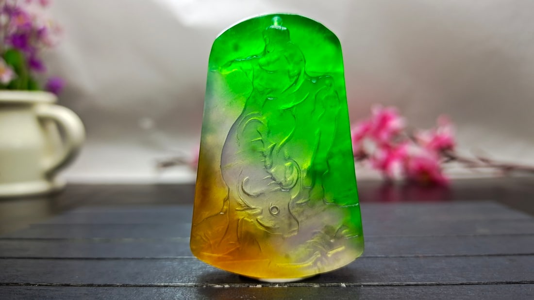Dragon Stone Variety Extra Large and Thick Jadeite Pendant: Dragon Stone Jadeite Pendant, Extra Large and Thick, Multicolored, Carved from a Single Piece of Jadeite, Excellent Transparency, Super Perfect. Provenance:Mr.Jordi, Northern Virginia. Our dedicated t