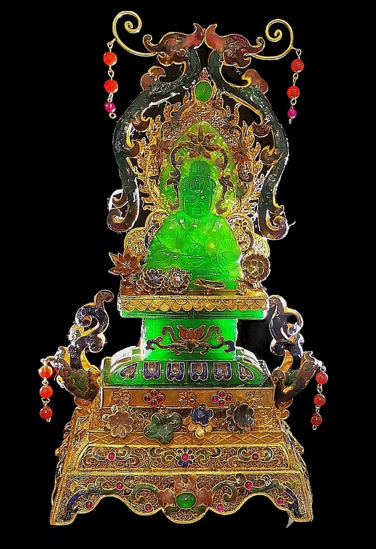 Rare Enamel Gilt Bronze Buddha Statue Inlaid with High Ice (1 of 7)