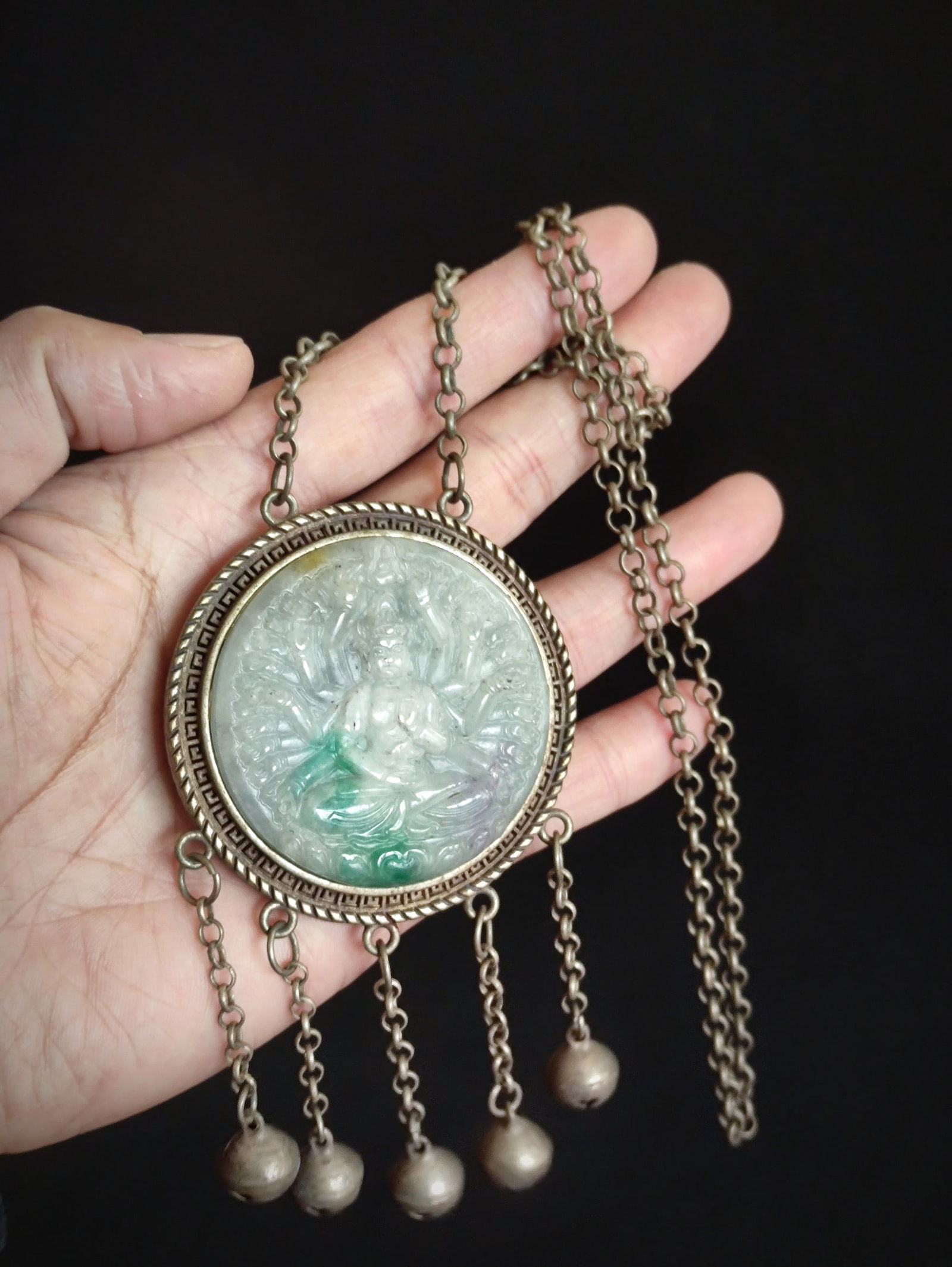 Qing Dynasty Jade Inlaid Blue Silver Sachet Longevity Lock Pendant (1 of 6)