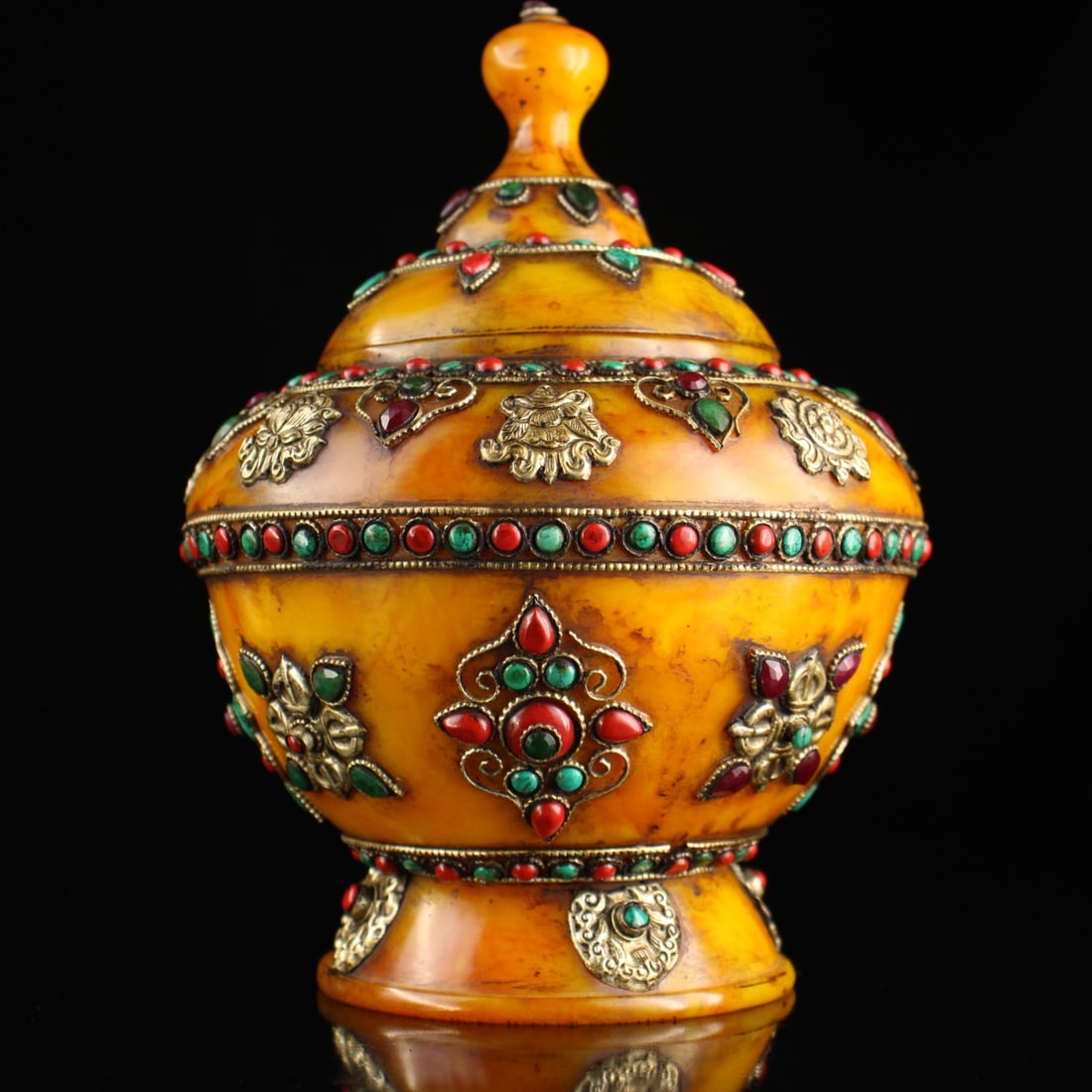 Tibetan antique amber, handcrafted with gemstones and cloisonne enamel, featuring auspicious eight (1 of 9)