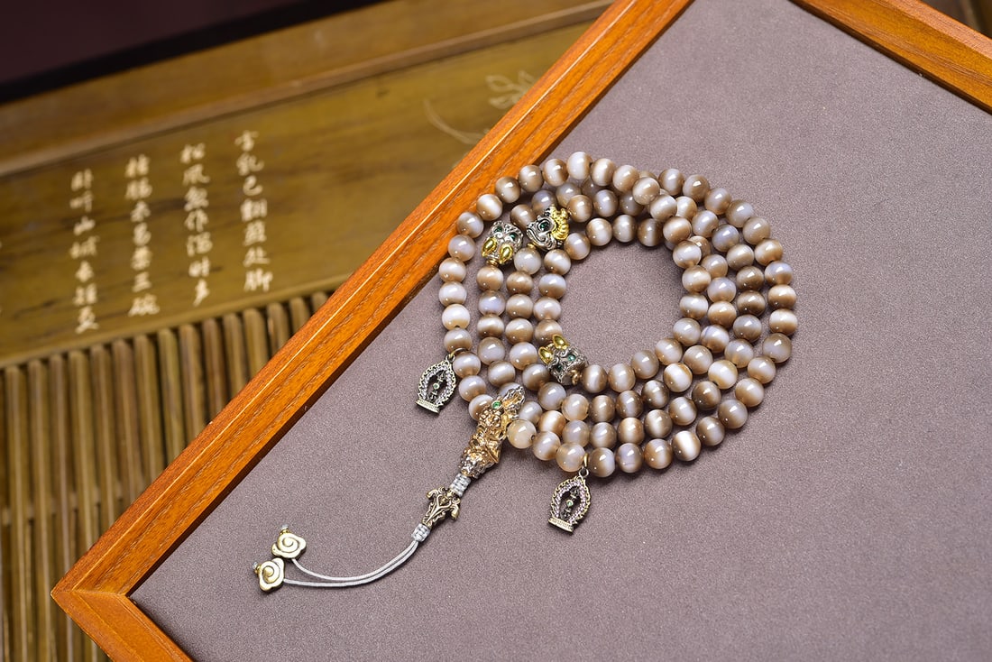 108 Old West Asian etched beads: This set of 108 antique West Asian etched beads is exceptionally aged, with fine weathering and delicate material. These beads are considered auspicious, symbolizing wisdom, good fortune, and fulfillm