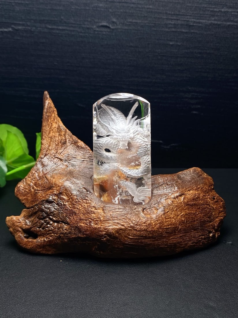 Top-grade natural yellow lacquer flower raw stone, carved with a dragon on the front. (1 of 6)