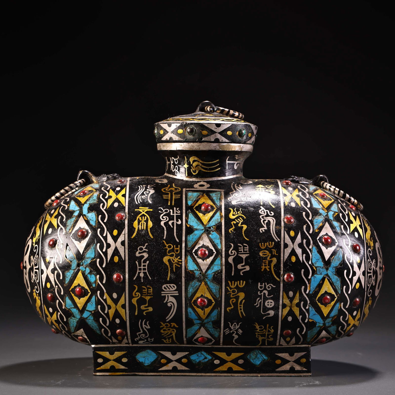 Bronze Jar with Gold and Silver Inlay and Gemstone Inlay and Turquoise Cover (1 of 12)