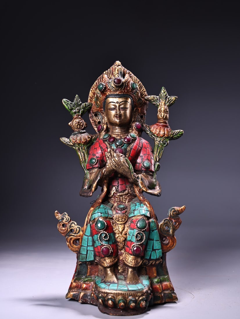 A pure copper Buddha statue made with Tibetan traditional craftsmanship, inlaid with gemstones, (1 of 9)