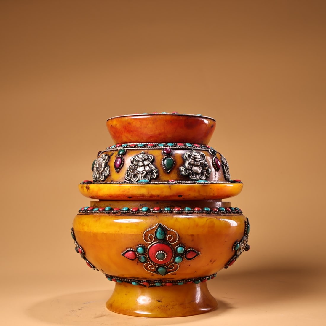 Tibetan craftsmanship inlaid with gemstones, filigree, auspicious eight treasures, and amber. (1 of 9)