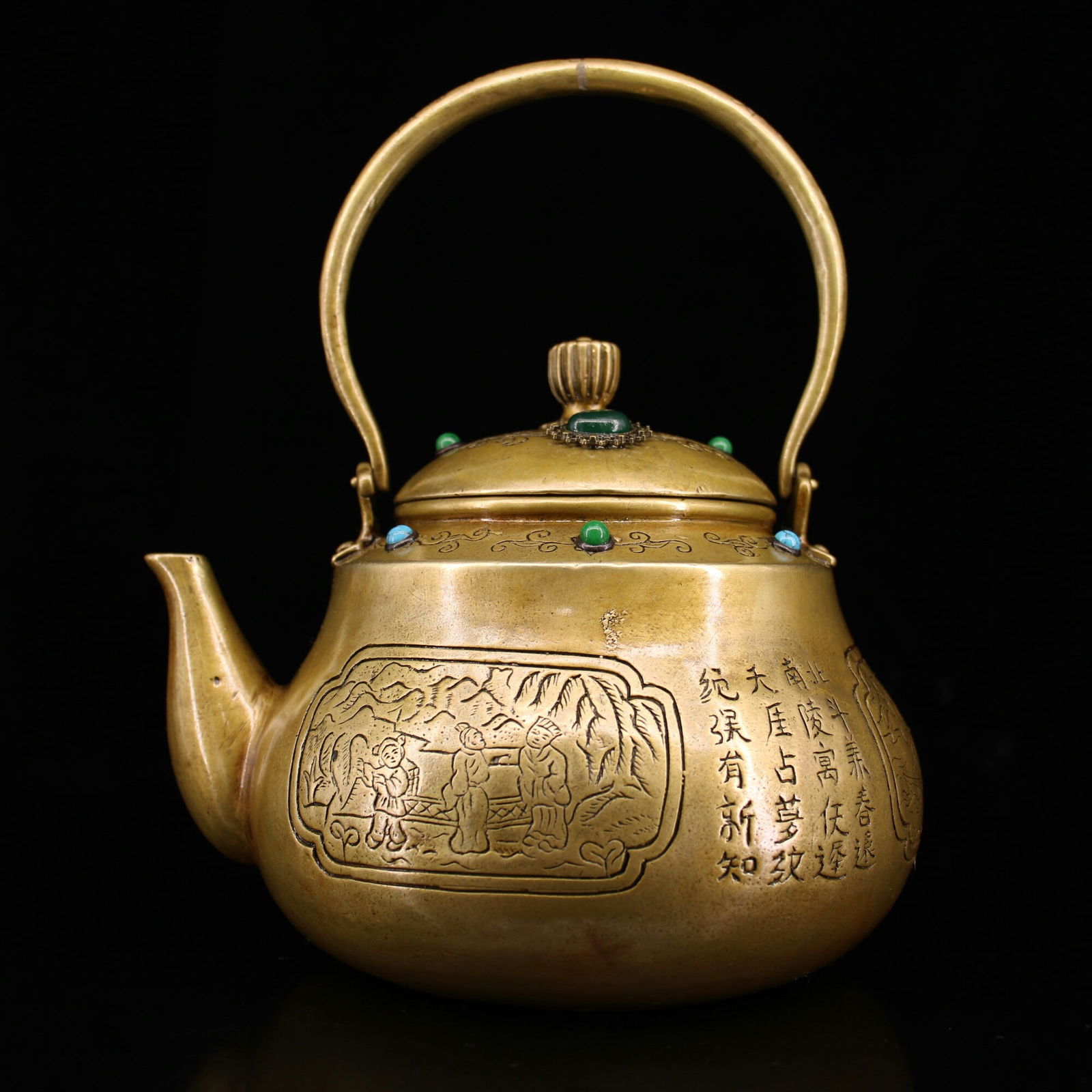 Rare antique pure copper teapot, handcrafted and inlaid with gemstones (1 of 9)