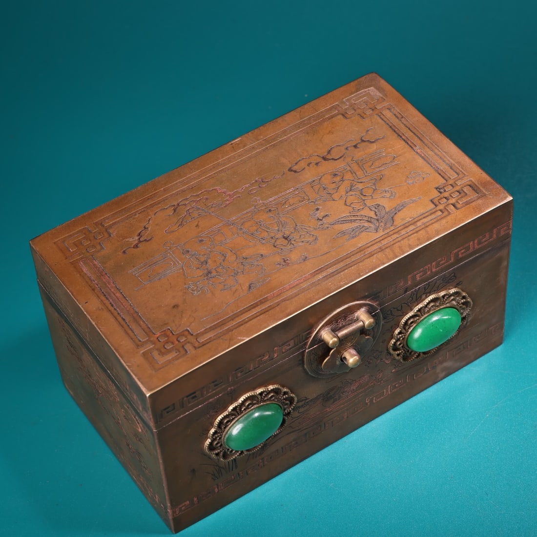 Old pure copper, handcrafted, gem-encrusted box (1 of 9)