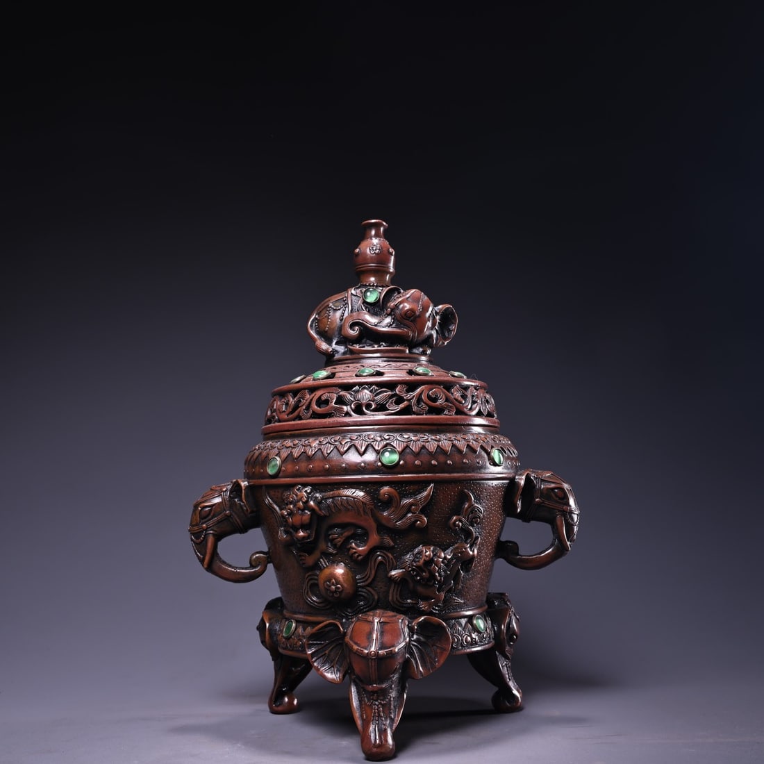 Collector's item: Handcrafted pure copper incense burner inlaid with gemstones (1 of 9)