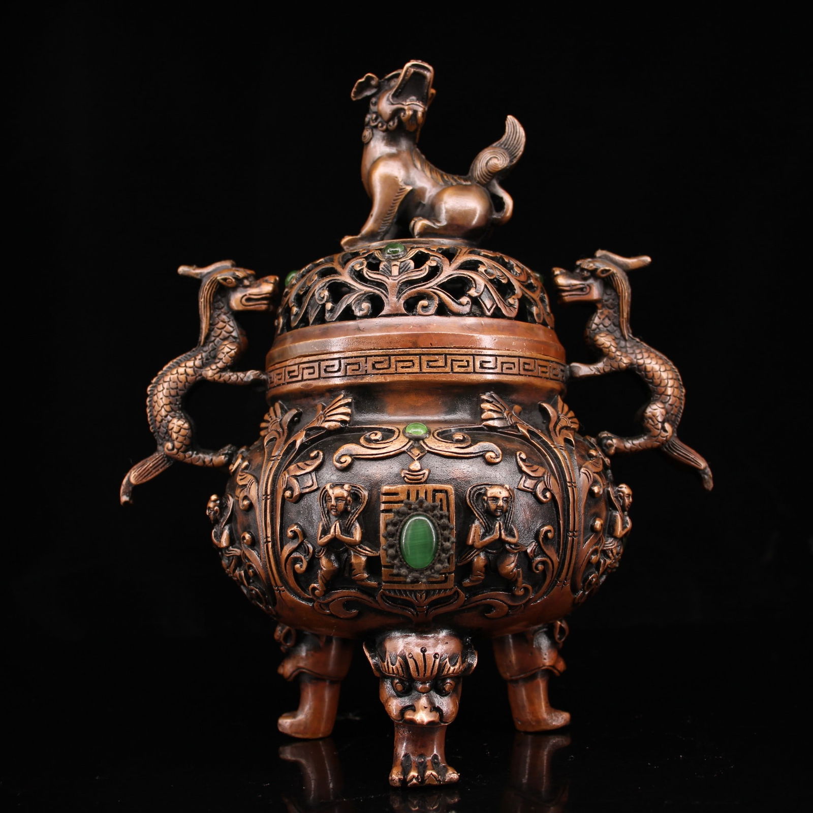 Collector's item: Handcrafted pure copper incense burner inlaid with gemstones (1 of 9)