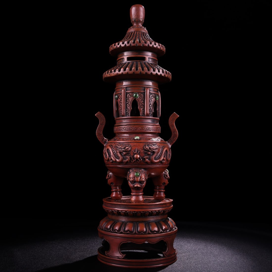 Collector's item: Handcrafted pure copper incense burner inlaid with gemstones: Pure copper incense burner, a collector's item, handcrafted from pure copper and inlaid with gemstones. This incense burner is a decorative piece for home use, shaped like a pagoda for protection agai