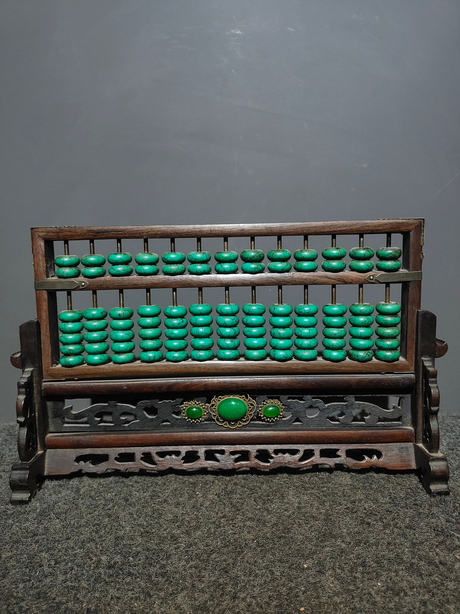 Exquisite rosewood tabletop abacus, inlaid with gemstones and featuring openwork design; abacus (1 of 9)