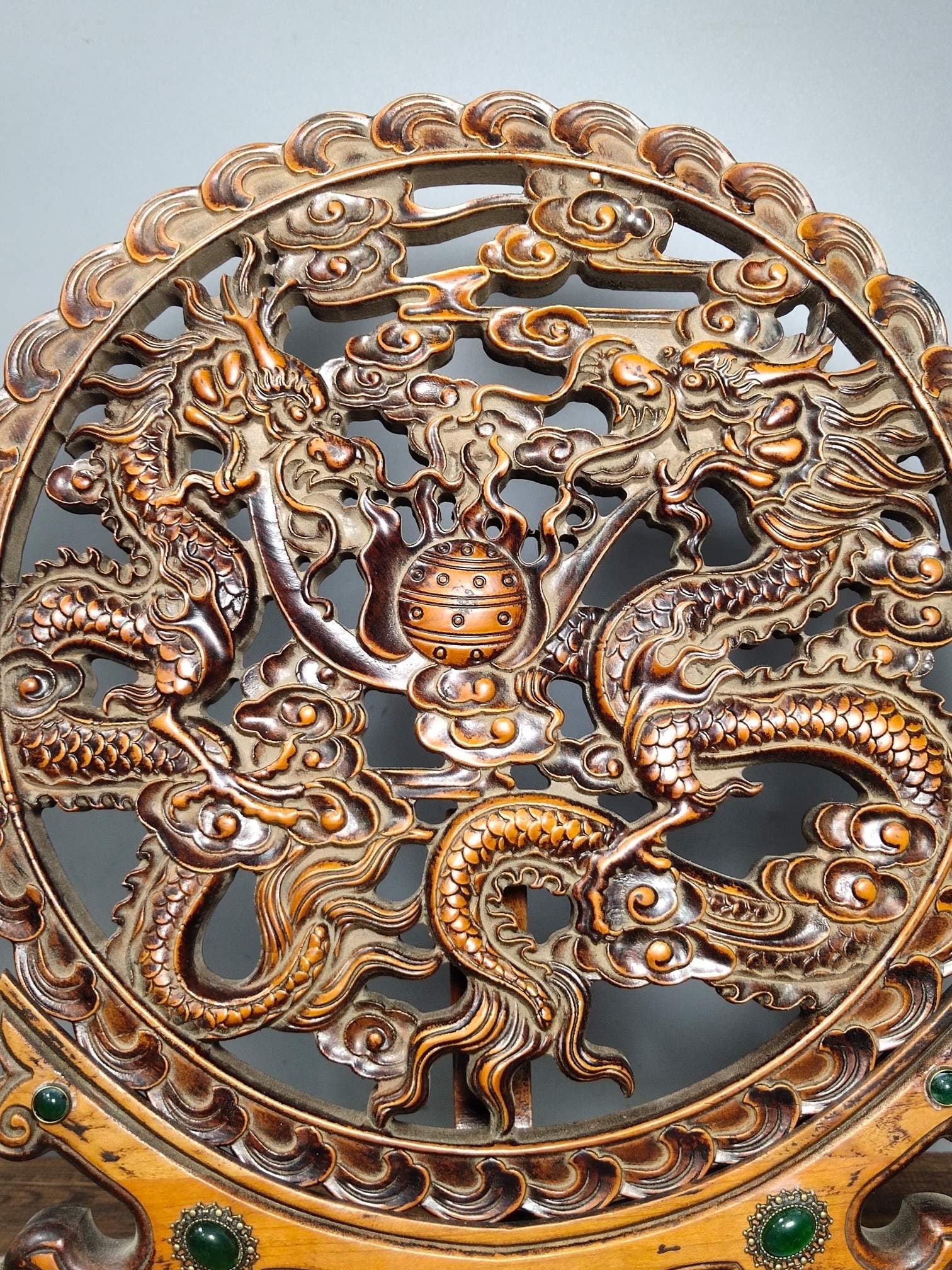 An old boxwood screen ornament inlaid with gemstones, hand-carved with openwork technique, depicting (1 of 9)