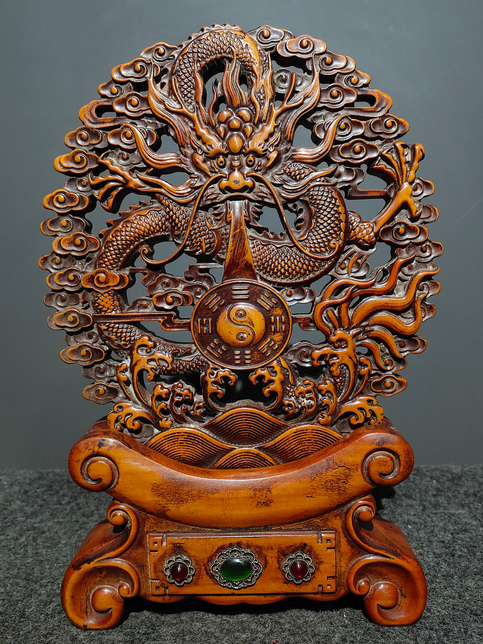 Old boxwood, hand-carved openwork "Dragon Playing with a Pearl" two-piece screen ornament. (1 of 9)