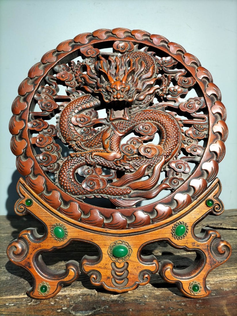 Old boxwood, hand-carved openwork "Auspicious Dragon Coiling in Clouds" two-piece screen ornament (1 of 9)
