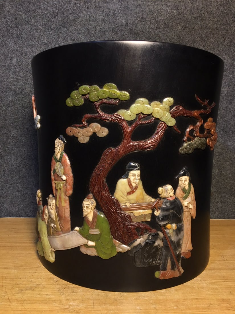 Rosewood brush holder inlaid with precious stones, featuring the design of "Nine Elders of (1 of 9)