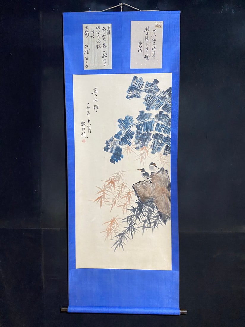 Yan Bolong's Flower and Bird Paintings: A four-foot-long hanging scroll painting of flowers and birds by Yan Bolong, hand-painted the mounted painting measures approximately 205cm x 80cm (height x width) and the painting itself measures app