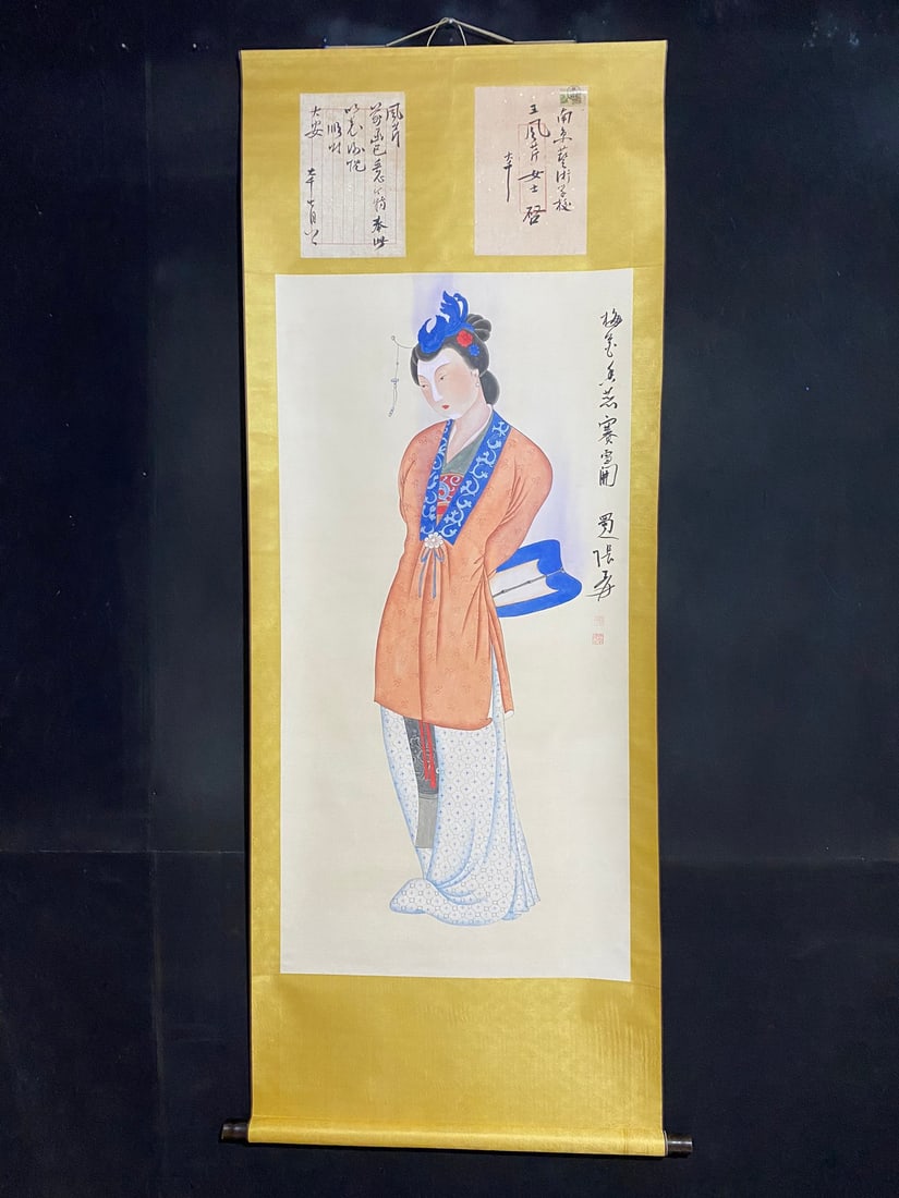 Zhang Daqian's figure paintings: four-foot scroll painting with a letter and stamps, a figure painting by Zhang Daqian, purely hand-painted the mounted dimensions are approximately 205cm x 80cm (height x width), and the painting itse