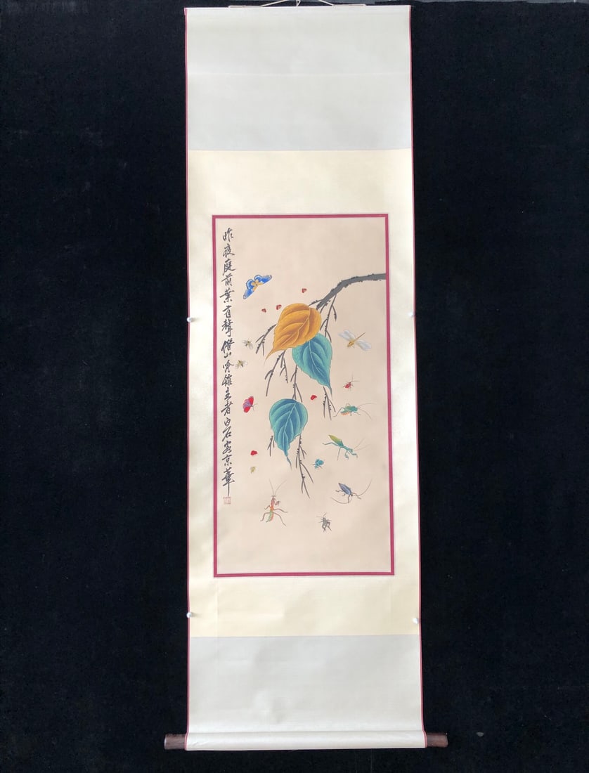 (Qi Baishi) Grass and Insects: (Qi Baishi) Insects and Grass, a four-foot hand-painted work, exquisitely framed. Framed size: approximately 200 x 70 cm; painting size: approximately 88 x 45 cm. Provenance:Mrs. Blair, Newport Beach,