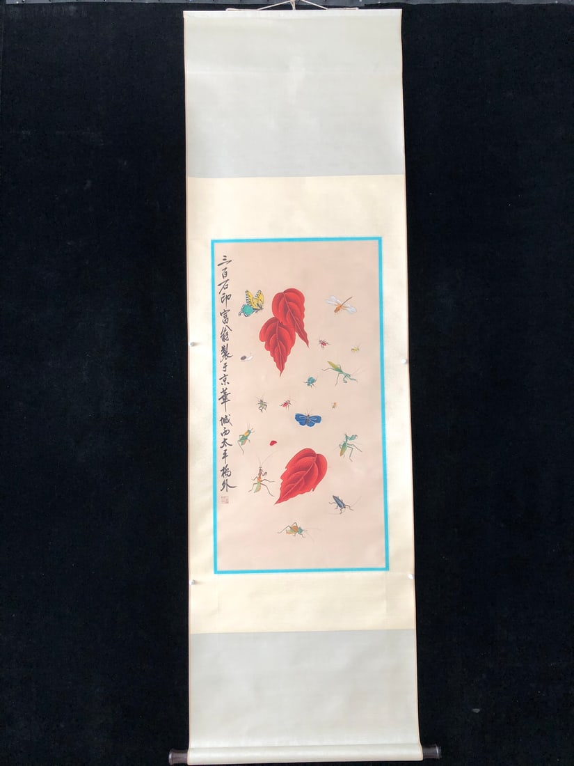 (Qi Baishi) Grass and Insects: (Qi Baishi) Insects and Grass, a four-foot hand-painted work, exquisitely framed. Framed size: approximately 200 x 70 cm; painting size: approximately 88 x 45 cm. Provenance:Mrs. Blair, Newport Beach,