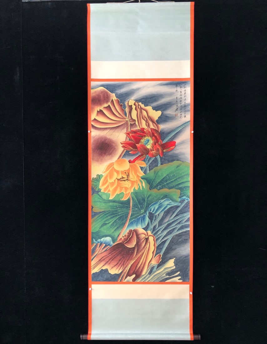 (Zhang Daqian) Lotus: (Zhang Daqian) Lotus Flower, a four-foot hand-painted work, exquisitely framed. Framed size: approximately 218 x 79 cm; painting size: approximately 130 x 66 cm. Provenance:Mrs. Blair, Newport Beach,