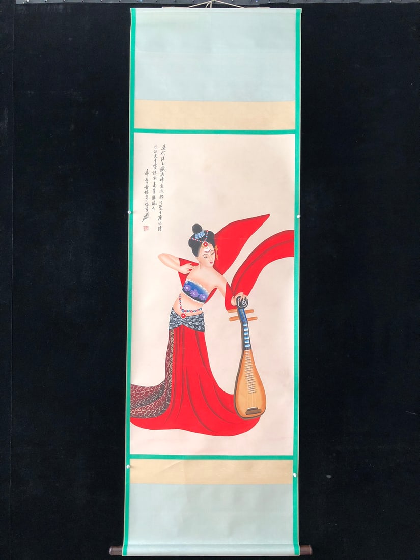 (Zhang Daqian) Figures: (Zhang Daqian) Figure painting, four-foot hand-painted work, exquisitely framed. Framed size: approximately 218 x 79 cm; painting size: approximately 130 x 66 cm. Provenance:Private Estate, Michigan.