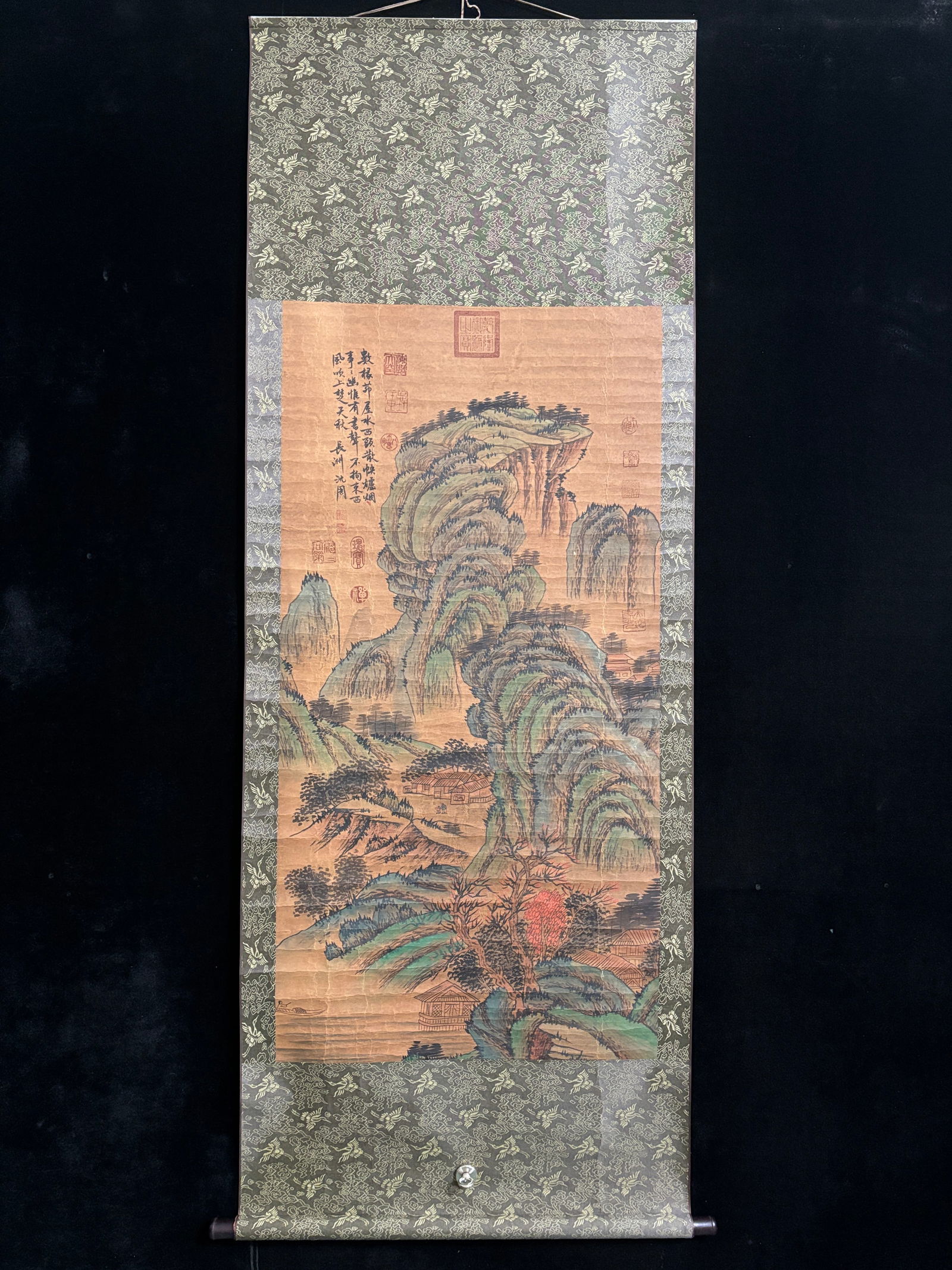 (Shen Zhou Landscape) Four-foot Hand-painted: (Shen Zhou Landscape) Four-foot hand-painted artwork. Material: Xuan paper. Mounting dimensions: Approximately 130cm x 65cm. Provenance:Private collection of the retired lawyer Mr.Henry, Chelmsford, M