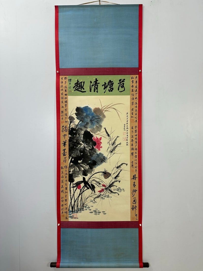 (Qi Baishi) Shrimp Fun Painting: (Qi Baishi) Shrimp Fun Painting, a three-foot-long hanging scroll with double inscriptions, purely handmade and framed. Framed size: 206X67cm, painting size: 115X62cm! Provenance:Private collection
